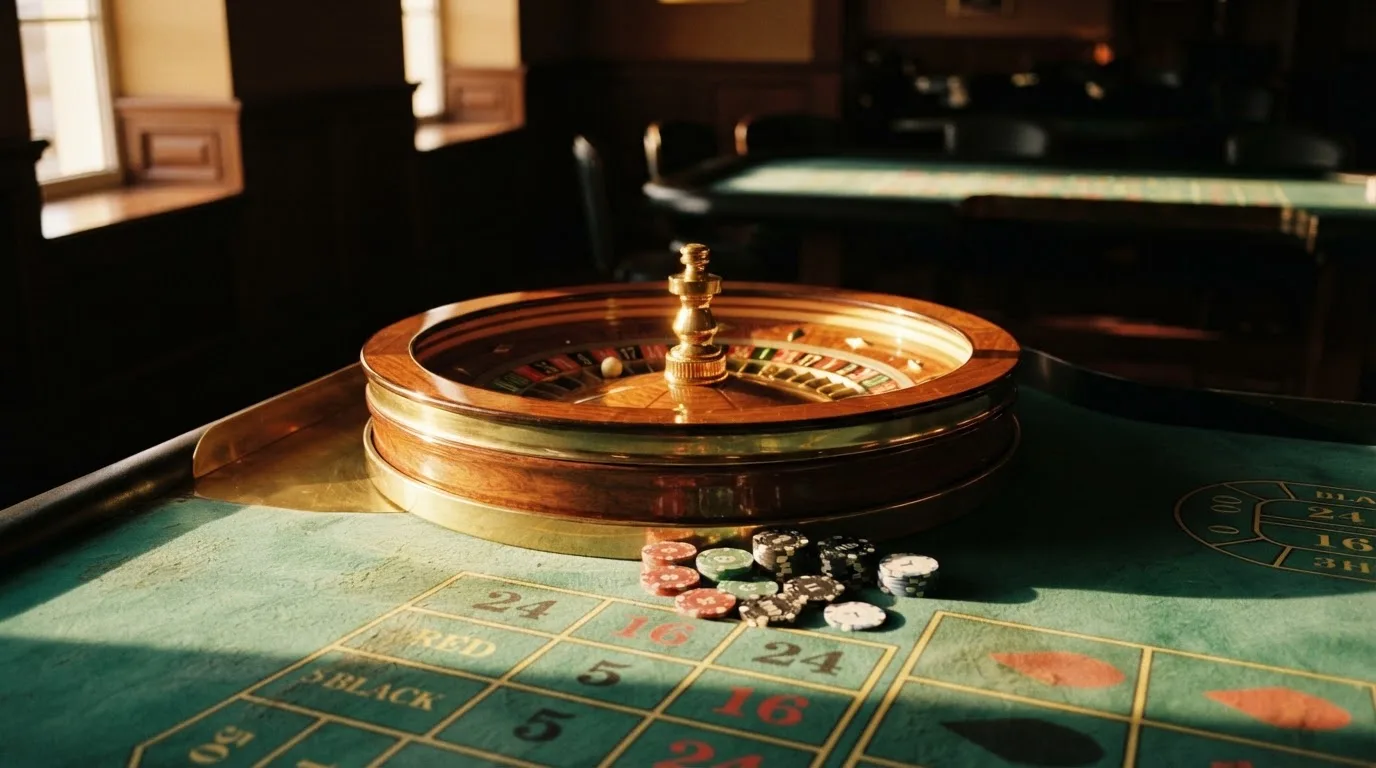 Roda de roleta e fichas sobre feltro verde, sob uma luz quente de fim de tarde — 1 euro casino em portugal