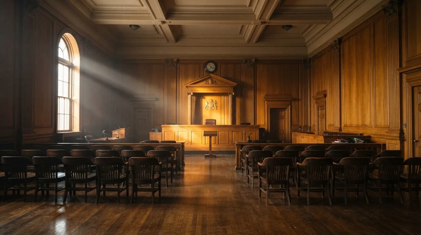 Sala de tribunal vazia com painéis de madeira, à luz da manhã — 10 euro casino em portugal