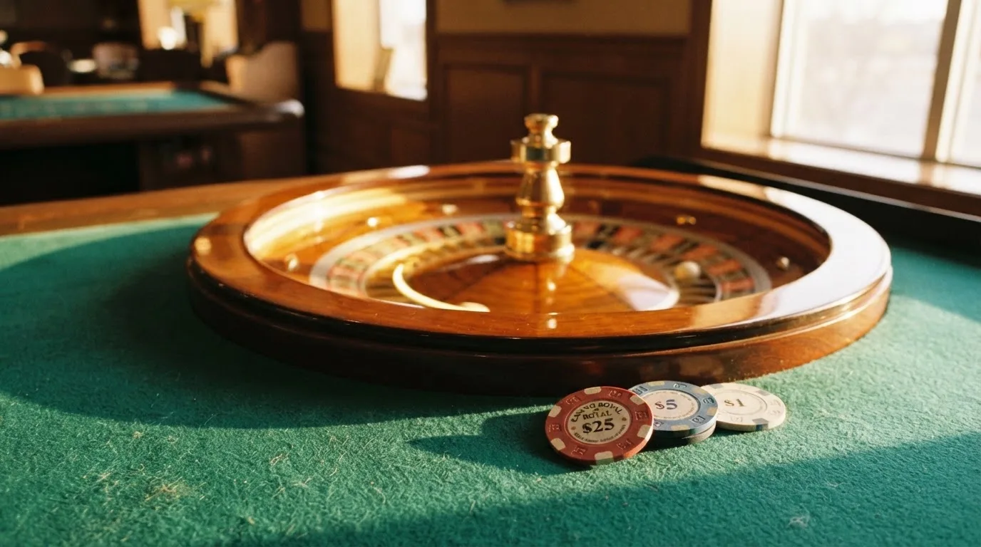Roda de roleta e fichas sobre feltro verde, sob uma luz quente de fim de tarde — 10 euro casino em portugal
