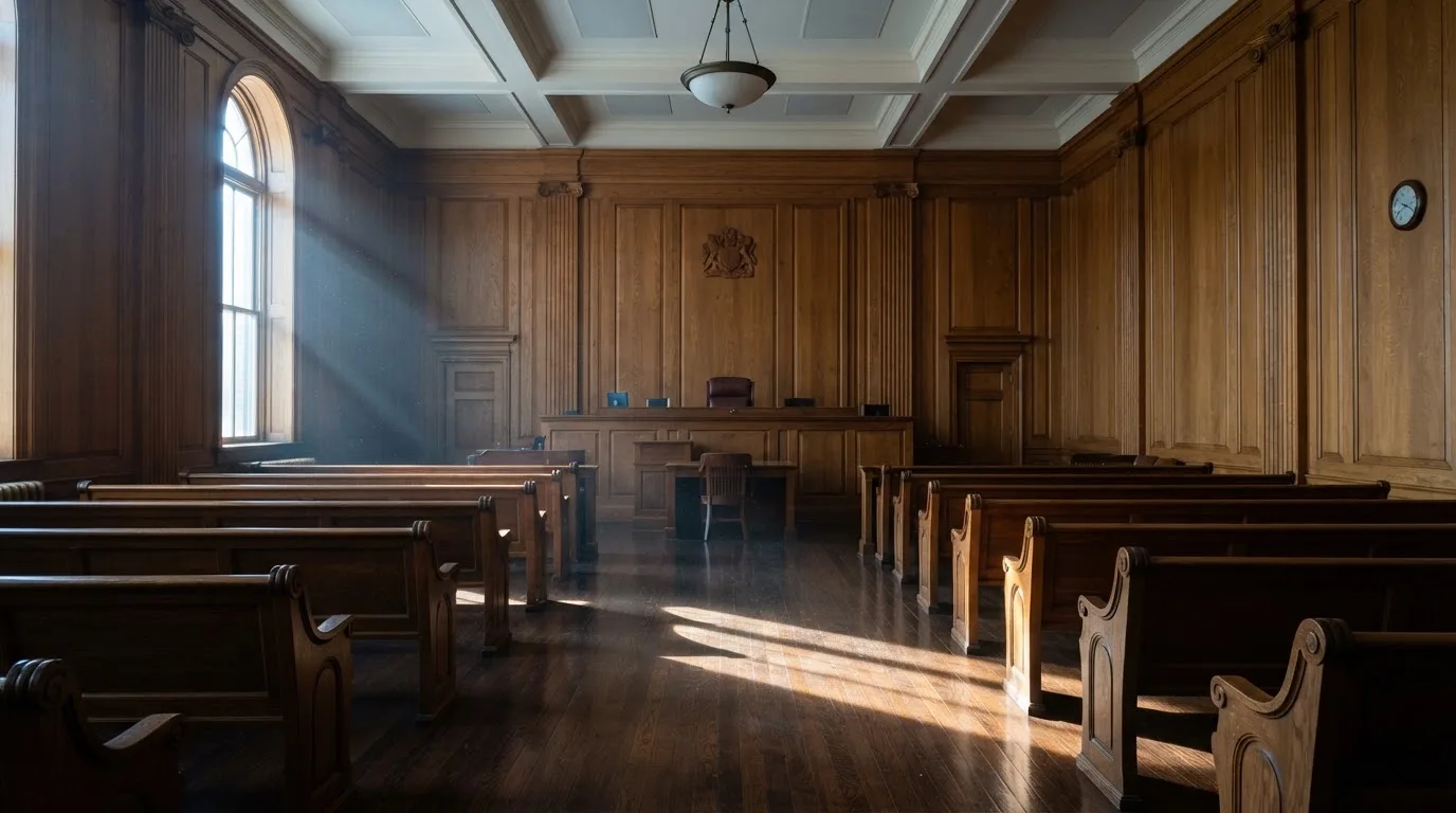 Sala de tribunal vazia com painéis de madeira, à luz da manhã — 20 euro casino em portugal
