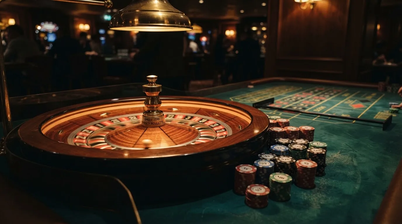 Roda de roleta e fichas sobre feltro verde, sob uma luz quente de fim de tarde — 20 euro casino em portugal