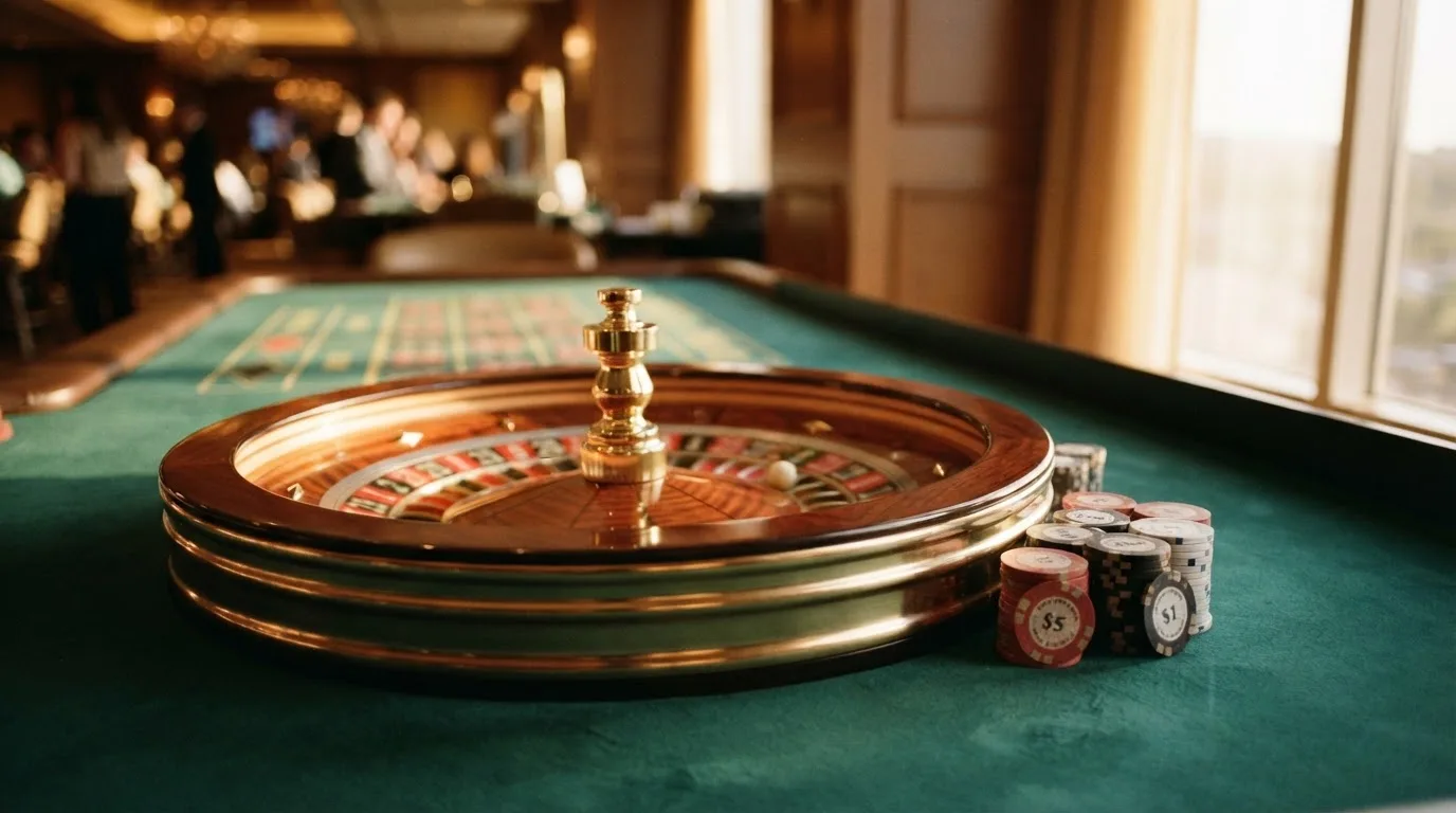 Roda de roleta e fichas sobre feltro verde, sob uma luz quente de fim de tarde — 5 euro casino em portugal