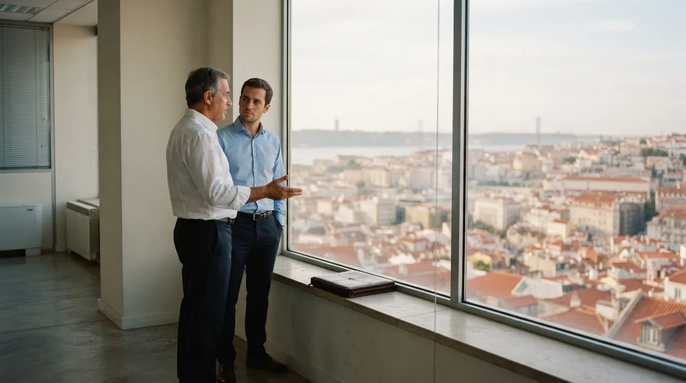 Duas pessoas de camisa a conversar junto a uma janela grande de um escritório público, com a cidade de Lisboa desfocada atrás.
