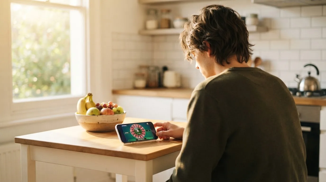 Jovem sentado numa mesa de cozinha a usar o telemóvel com as duas mãos, com uma tigela de fruta ao lado e luz da manhã.