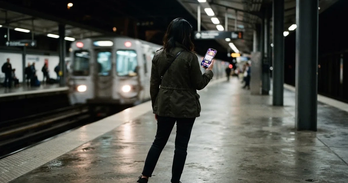 Pessoa de pé numa estação de metro a usar um telemóvel com a mão direita, com carruagem desfocada e luz fria ao fundo.