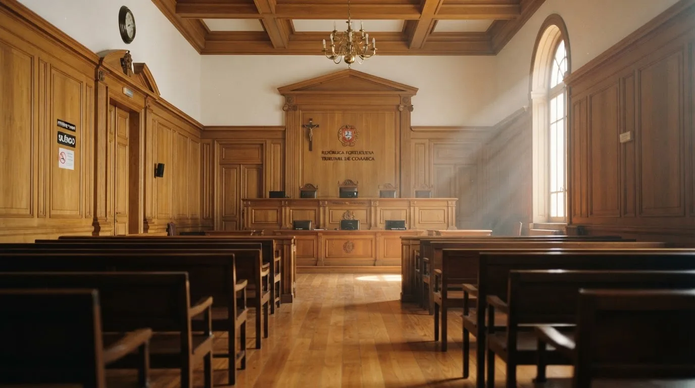 Sala de tribunal vazia com painéis de madeira, à luz da manhã — blackjack ao vivo em portugal