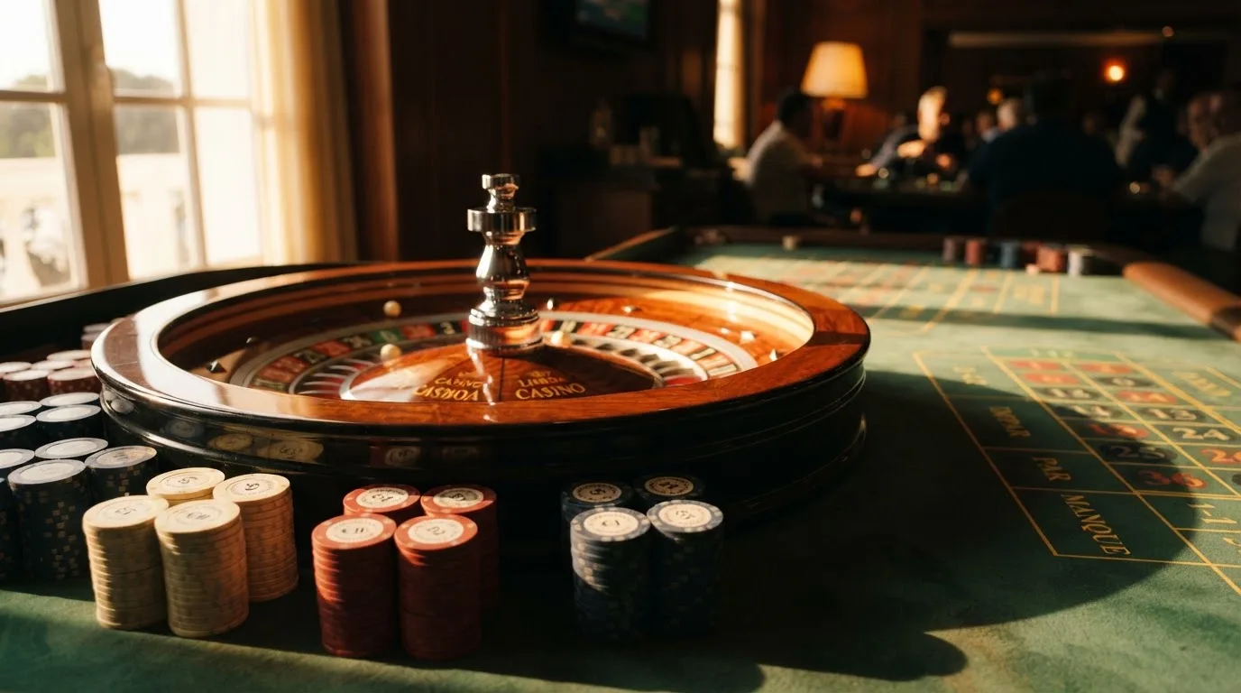 Roda de roleta e fichas sobre feltro verde, sob uma luz quente de fim de tarde — blackjack ao vivo em portugal