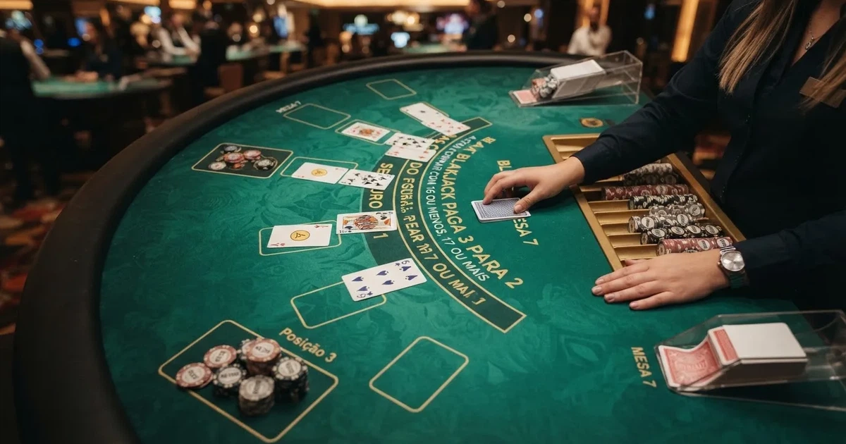 Mesa de jogo iluminada com cartas, vista de cima — blackjack ao vivo em portugal