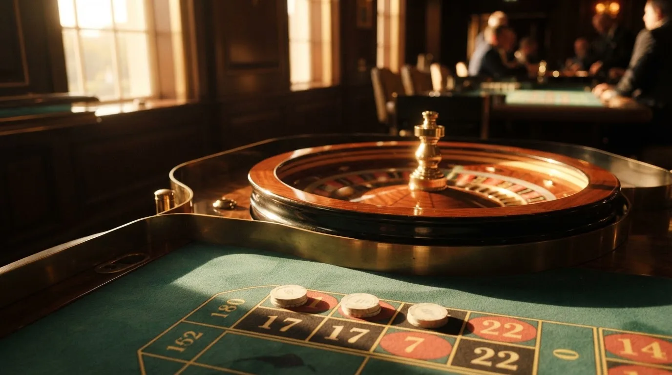 Roda de roleta e fichas sobre feltro verde, sob uma luz quente de fim de tarde — blackjack casinos em portugal