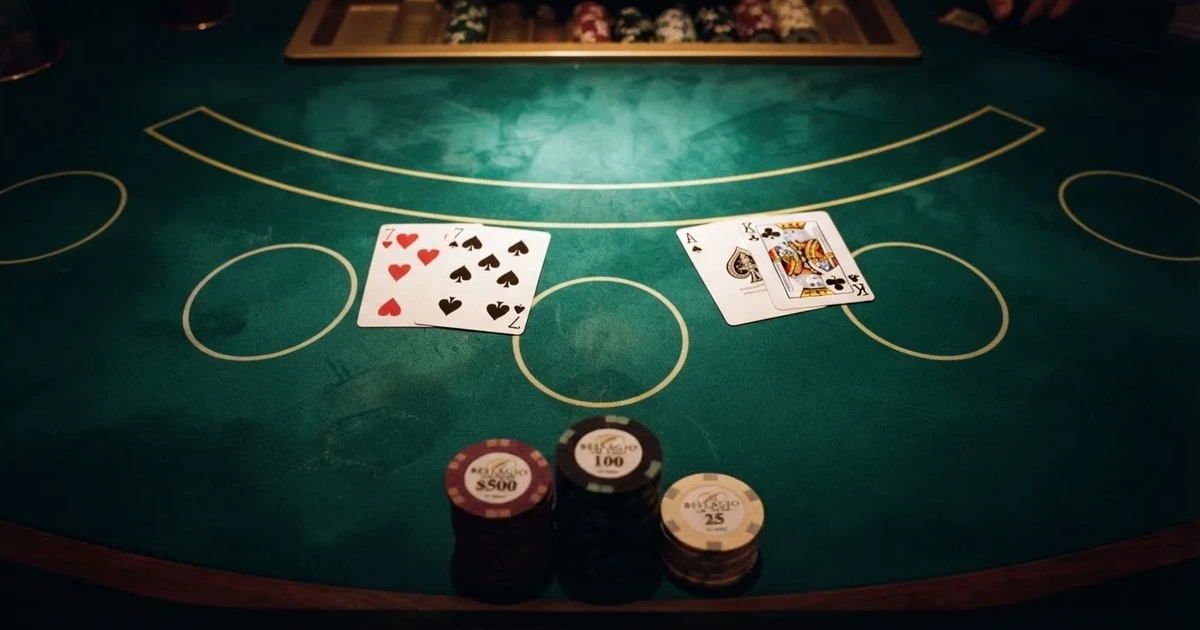 Mesa de jogo iluminada com cartas, vista de cima — blackjack casinos em portugal
