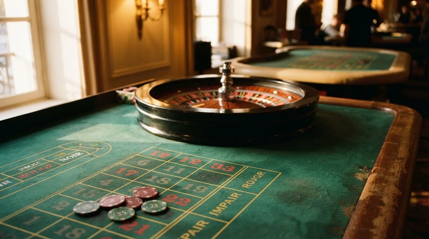 Roda de roleta e fichas sobre feltro verde, sob uma luz quente de fim de tarde — blackjack online casino em portugal