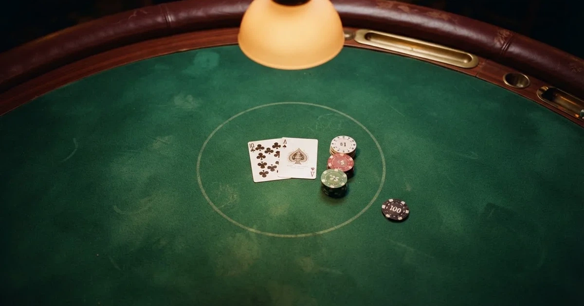 Mesa de jogo iluminada com cartas, vista de cima — blackjack online casino em portugal