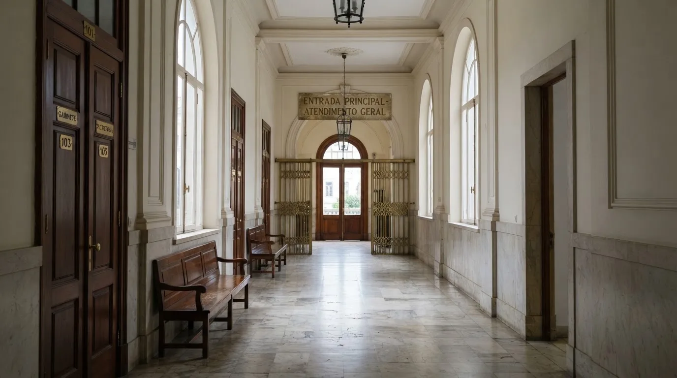 Sala de tribunal vazia com painéis de madeira, à luz da manhã — blackjack regras para portugueses