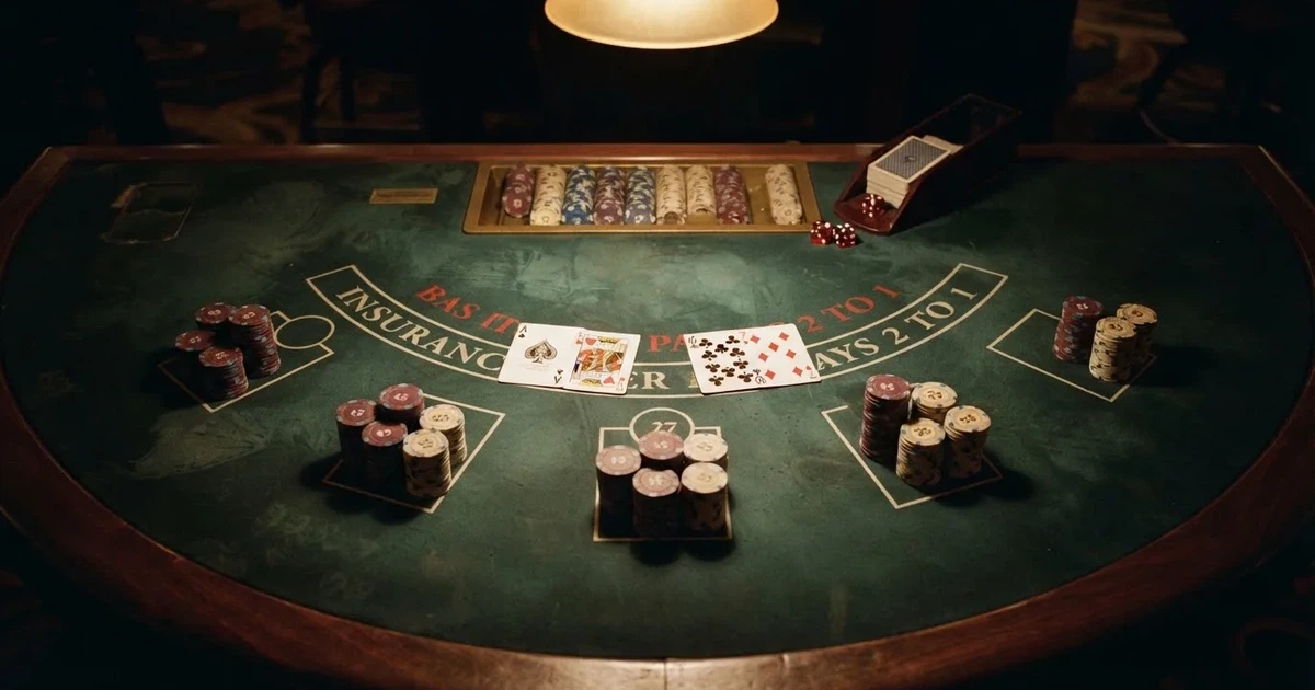 Mesa de jogo iluminada com cartas, vista de cima — blackjack regras para portugueses