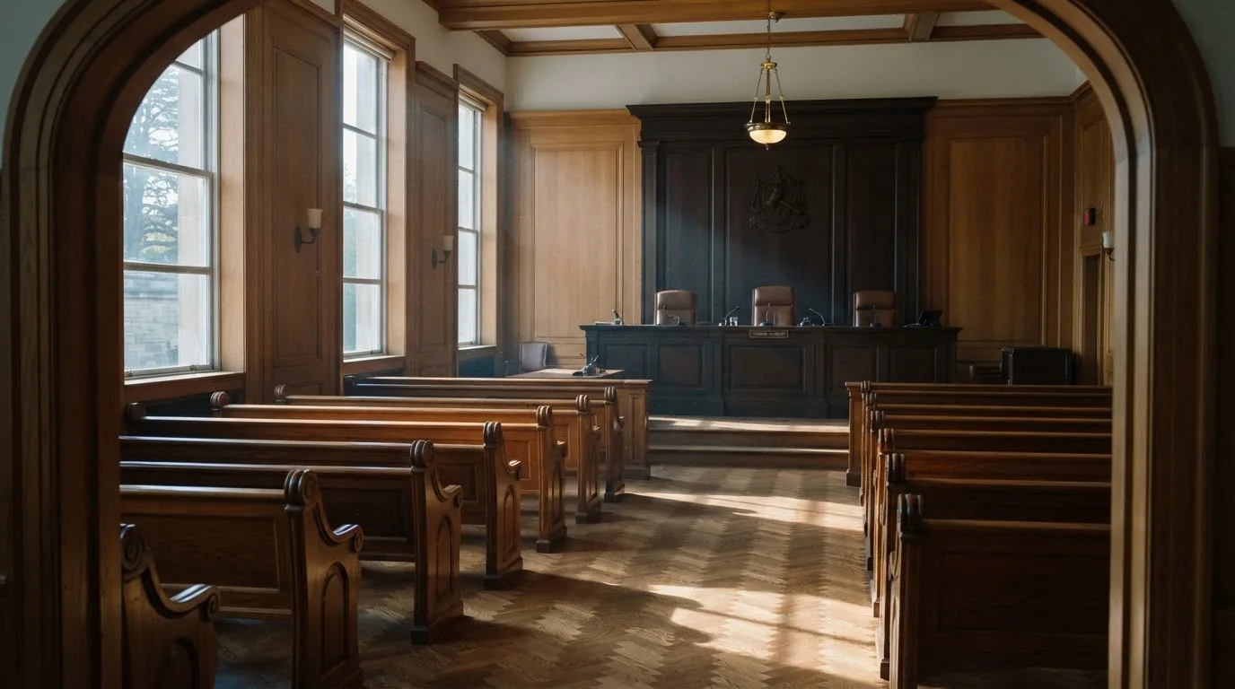 Sala de tribunal vazia com painéis de madeira, à luz da manhã — caça-níqueis em casinos portugueses