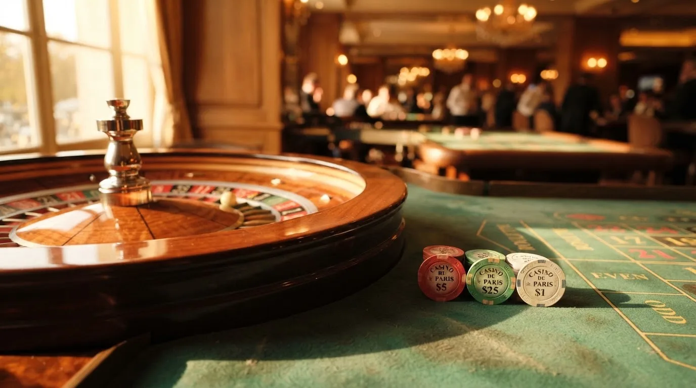 Roda de roleta e fichas sobre feltro verde, sob uma luz quente de fim de tarde — caça-níqueis em casinos portugueses