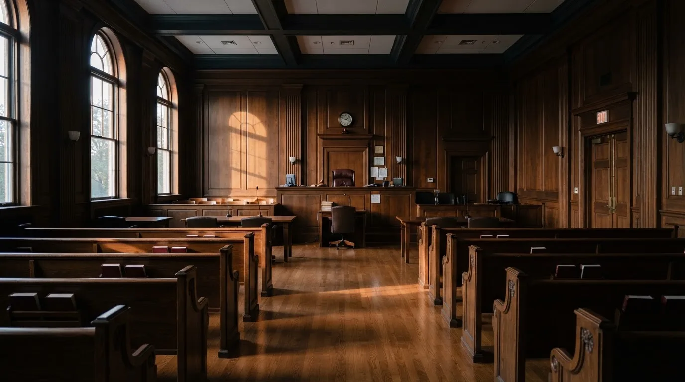 Sala de tribunal vazia com painéis de madeira, à luz da manhã — caça-níqueis grátis em portugal