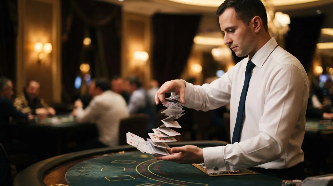 Croupier de gravata a baralhar cartas com destreza, vista lateral, fundo desfocado de um salão de casino em Portugal.