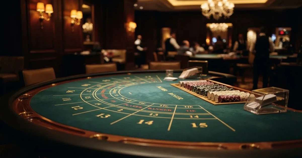 Mesa semicircular de bacará num casino elegante, com feltro verde e lugares vazios, iluminação dourada e fichas arrumadas por cores.