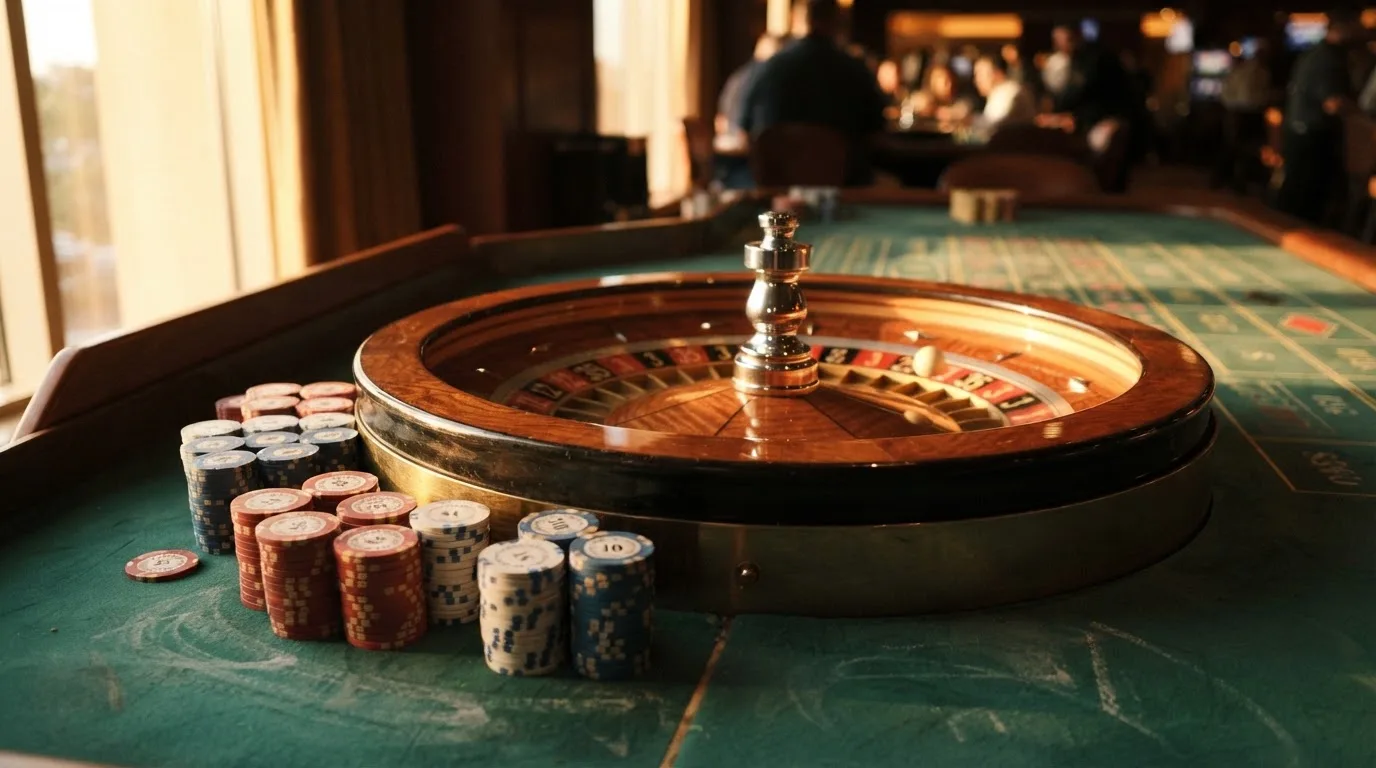 Roda de roleta e fichas sobre feltro verde, sob uma luz quente de fim de tarde — casino com bingo em portugal