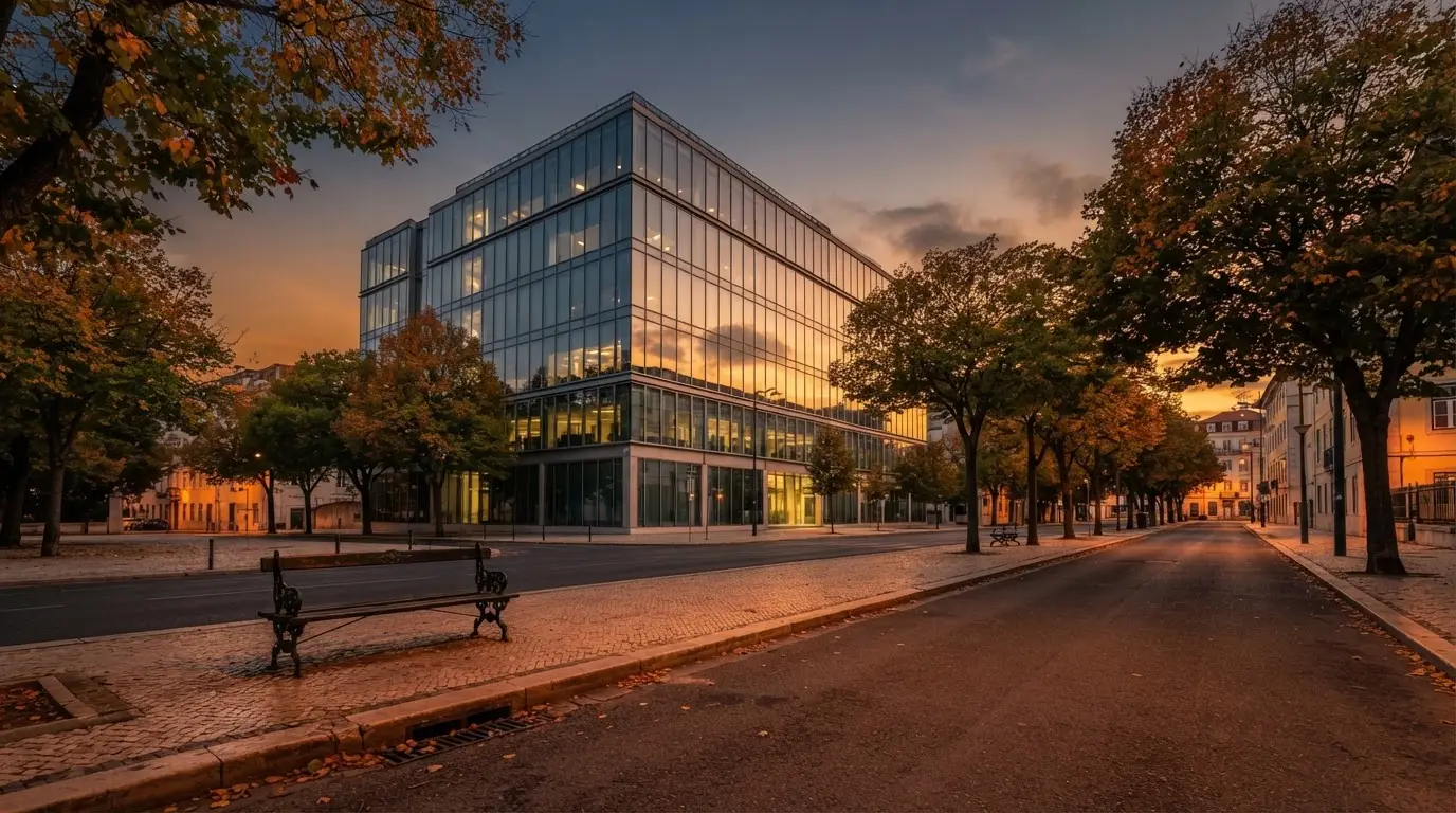 Edifício de escritórios com fachada de vidro ao entardecer, reflexo do céu cor-de-laranja e uma rua tranquila em primeiro plano.