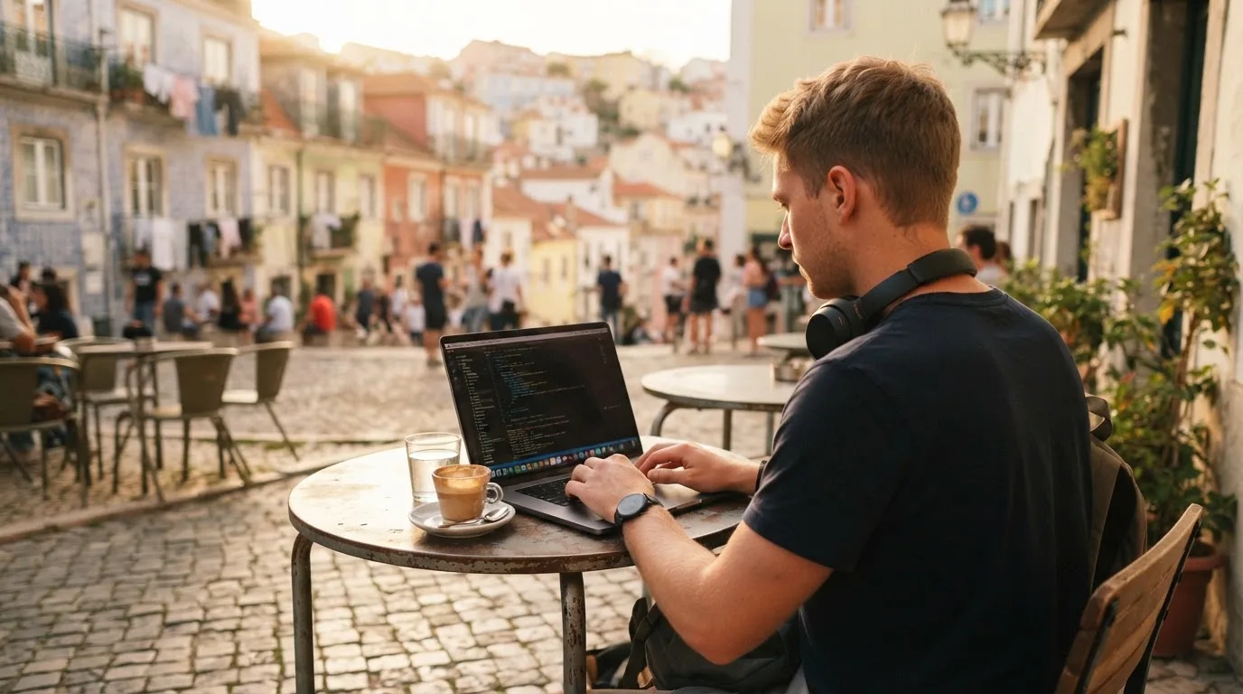 Jovem a trabalhar num café com portátil e auscultadores ao pescoço, esplanada de Lisboa ao fundo, luz suave.