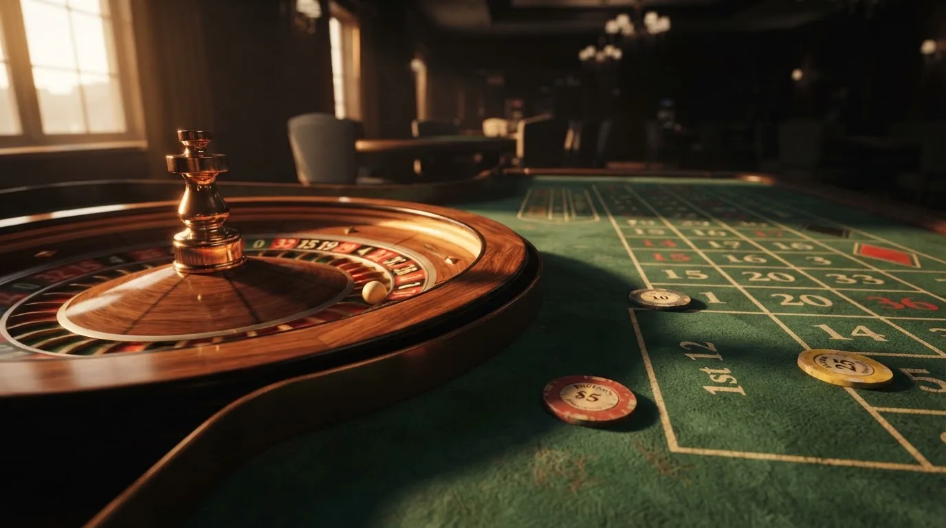Roda de roleta e fichas sobre feltro verde, sob uma luz quente de fim de tarde — casino com bônus no cadastro pt