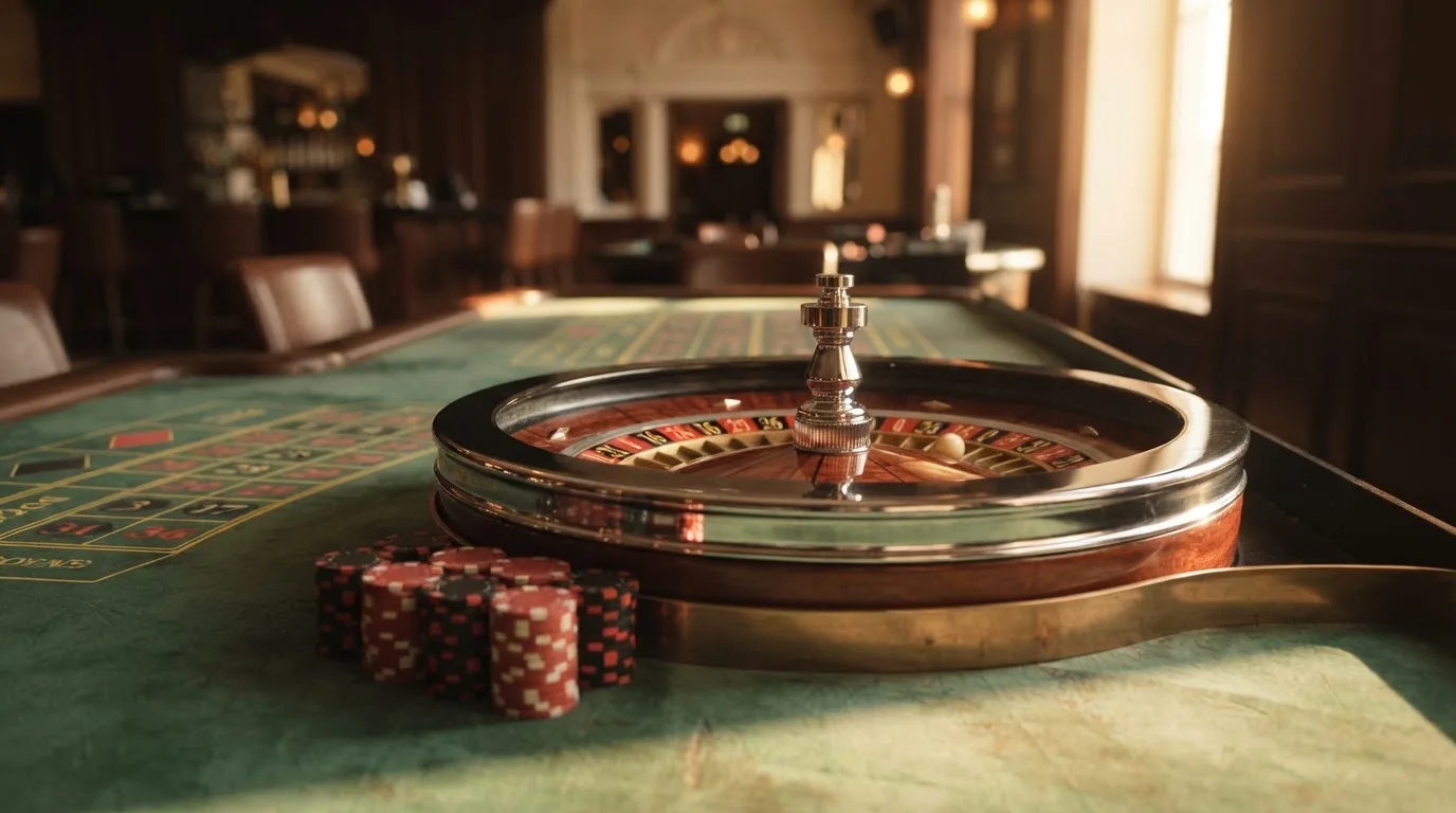 Roda de roleta e fichas sobre feltro verde, sob uma luz quente de fim de tarde — casino com dinheiro em portugal