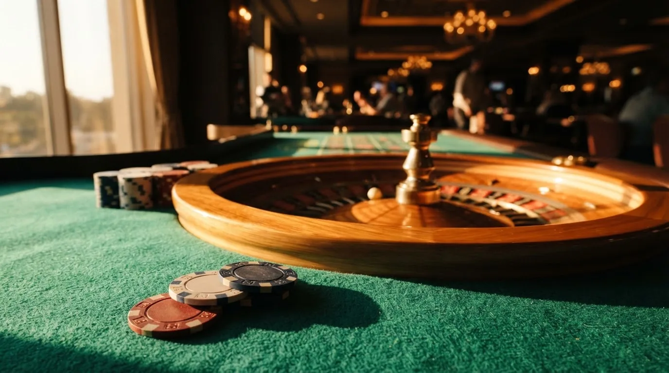 Roda de roleta e fichas sobre feltro verde, sob uma luz quente de fim de tarde — casino com ethereum em portugal