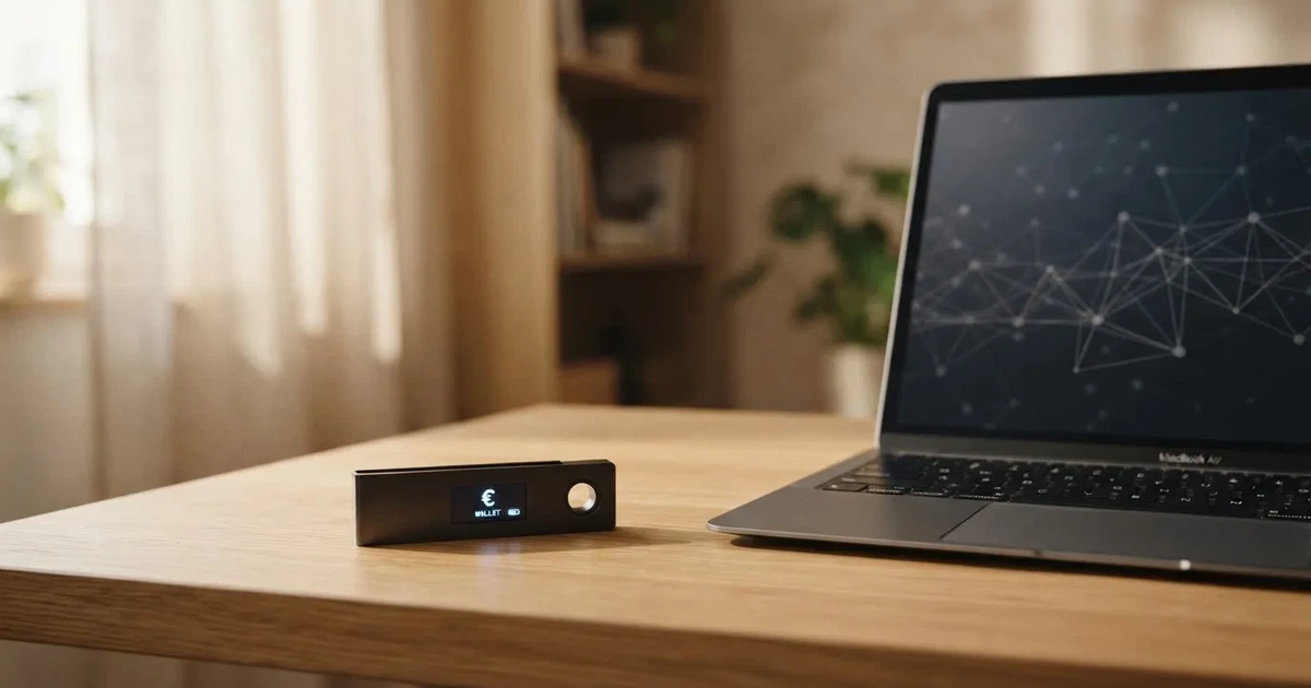 Carteira de hardware e computador portátil numa secretária, com luz suave — casino com ethereum em portugal