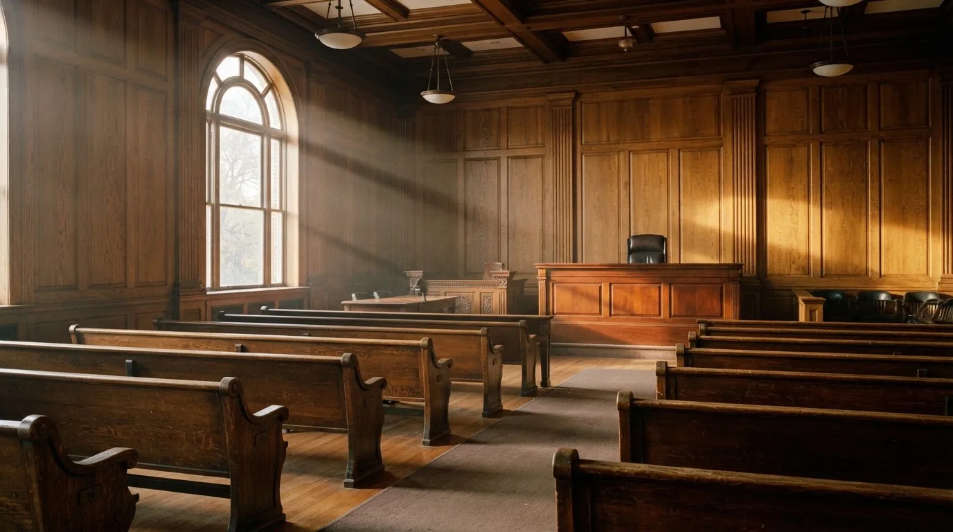 Sala de tribunal vazia com painéis de madeira, à luz da manhã — casino com free spins em portugal