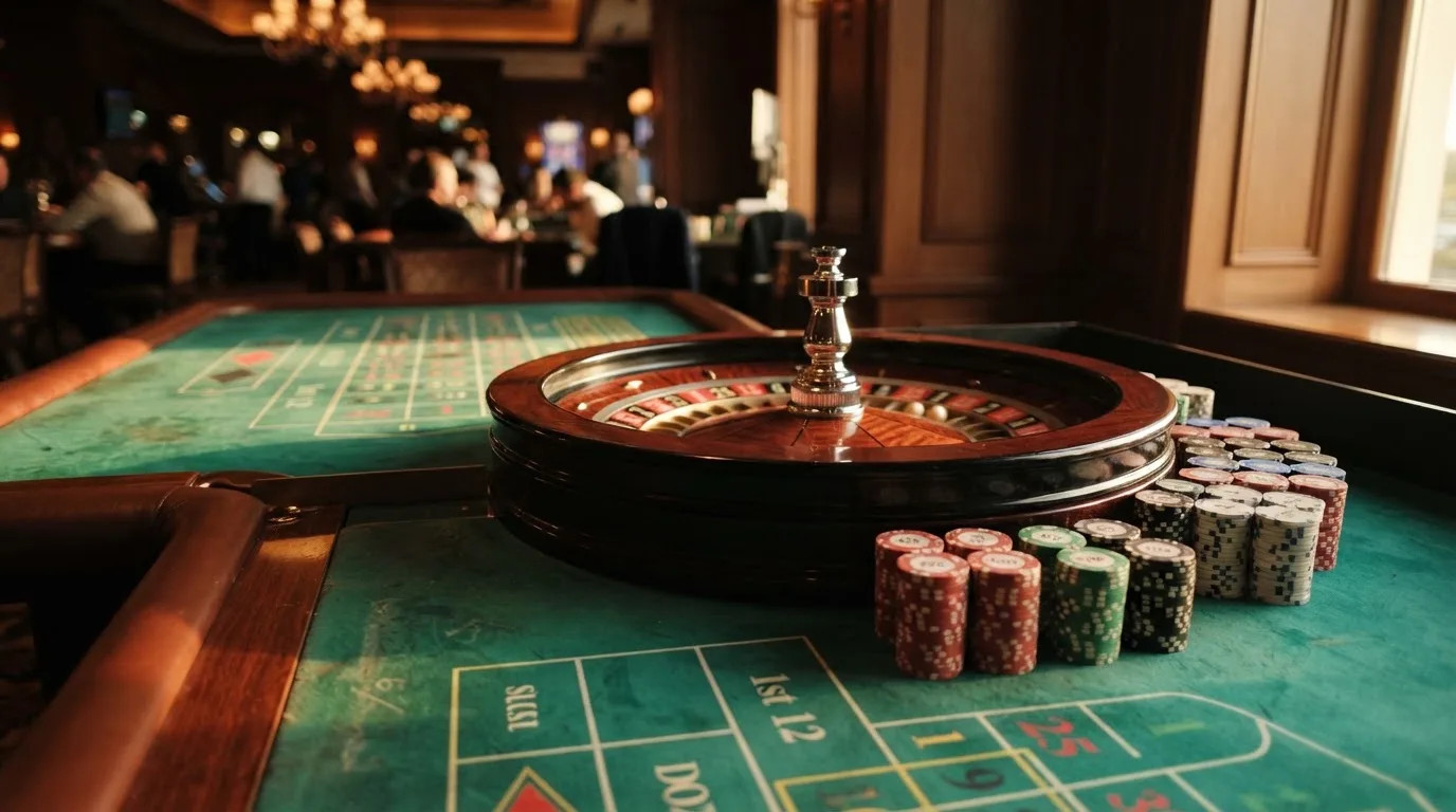 Roda de roleta e fichas sobre feltro verde, sob uma luz quente de fim de tarde — casino com free spins em portugal
