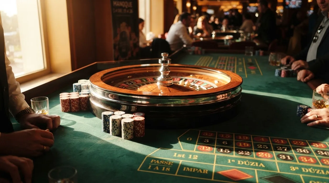 Roda de roleta e fichas sobre feltro verde, sob uma luz quente de fim de tarde — casino com grátis spins pt