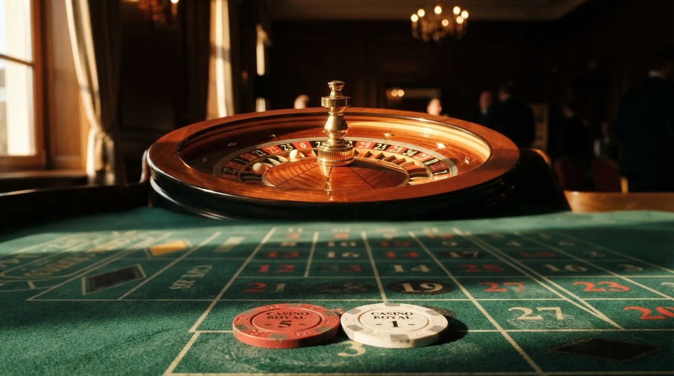 Roda de roleta e fichas sobre feltro verde, sob uma luz quente de fim de tarde — casino com levantamento pt