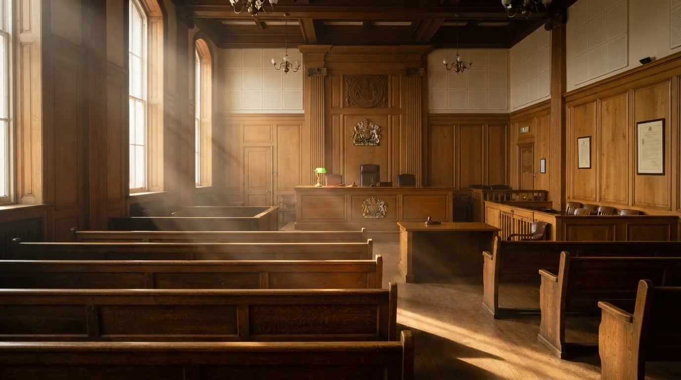 Sala de tribunal vazia com painéis de madeira, à luz da manhã — casino com litecoin em portugal