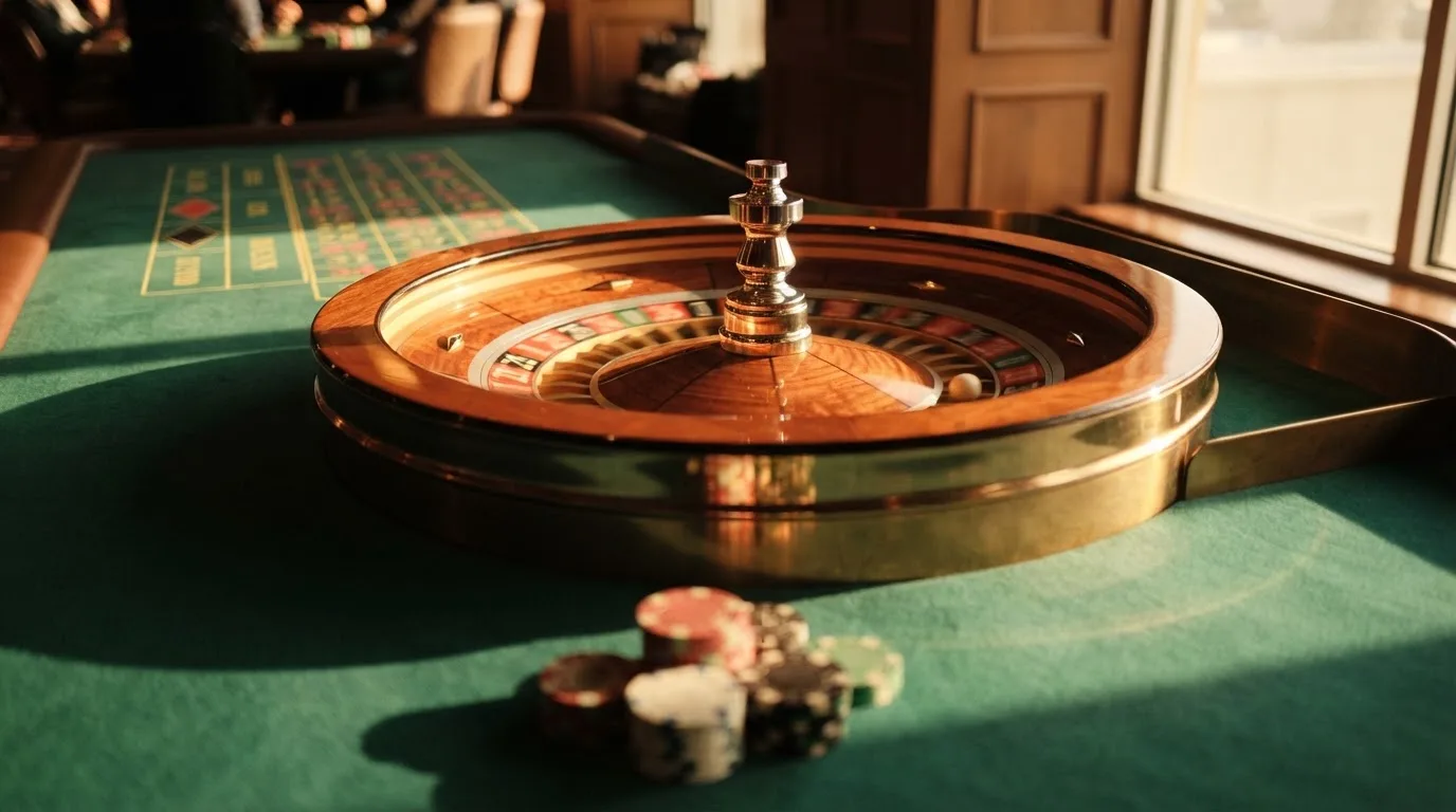 Roda de roleta e fichas sobre feltro verde, sob uma luz quente de fim de tarde — casino com litecoin em portugal
