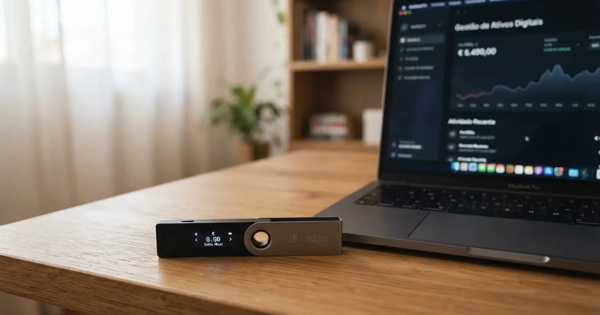 Carteira de hardware e computador portátil numa secretária, com luz suave — casino com litecoin em portugal