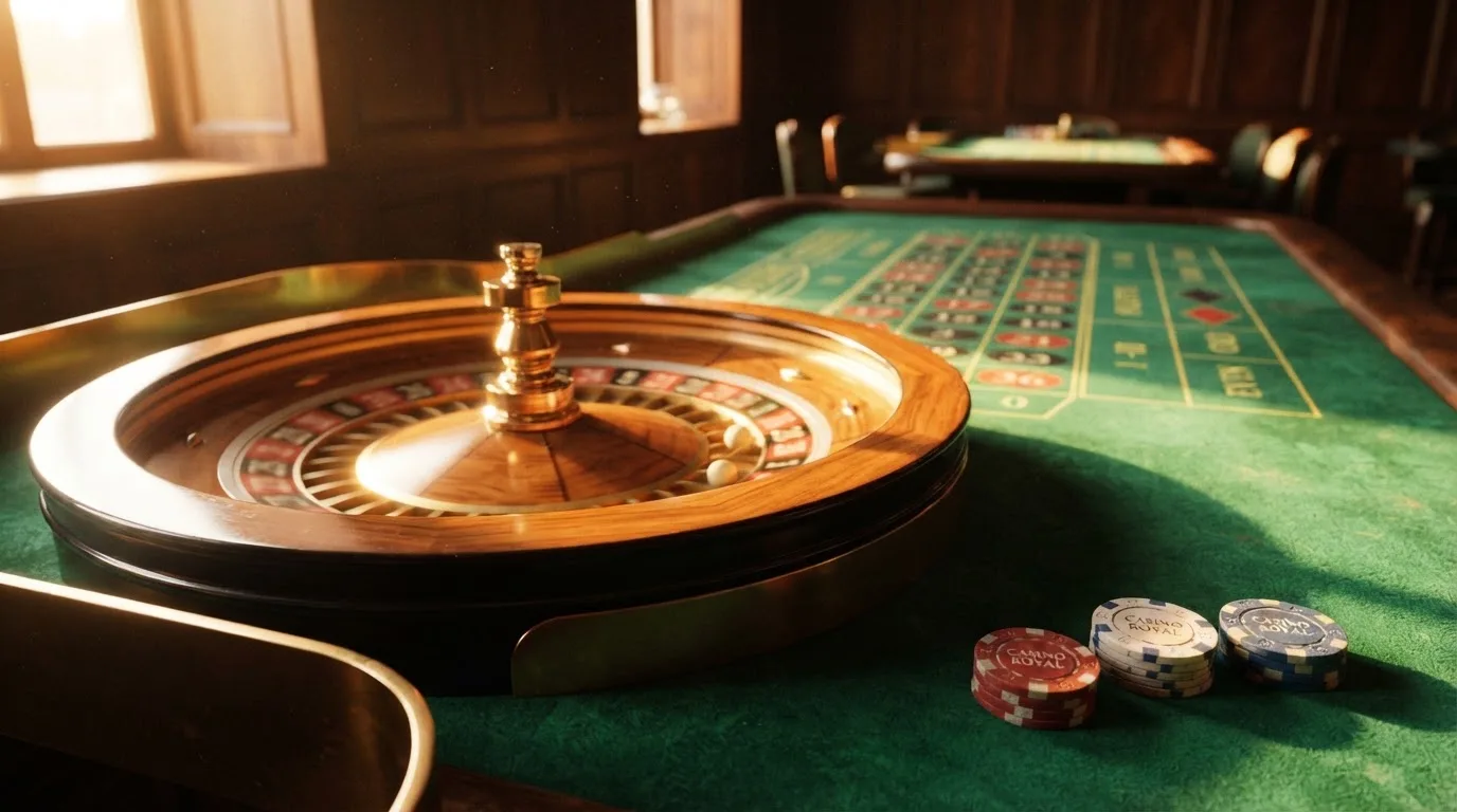 Roda de roleta e fichas sobre feltro verde, sob uma luz quente de fim de tarde — casino com solana em portugal