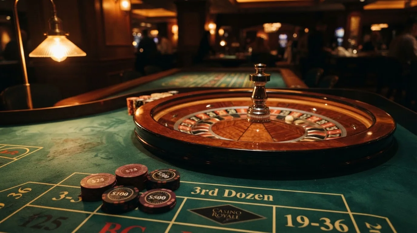 Roda de roleta e fichas sobre feltro verde, sob uma luz quente de fim de tarde — casino com tether em portugal