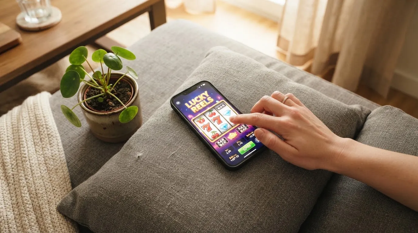 Jogador em casa a deslizar o dedo no telemóvel num sofá cinzento, com ar tranquilo e uma planta ao lado, em luz suave.