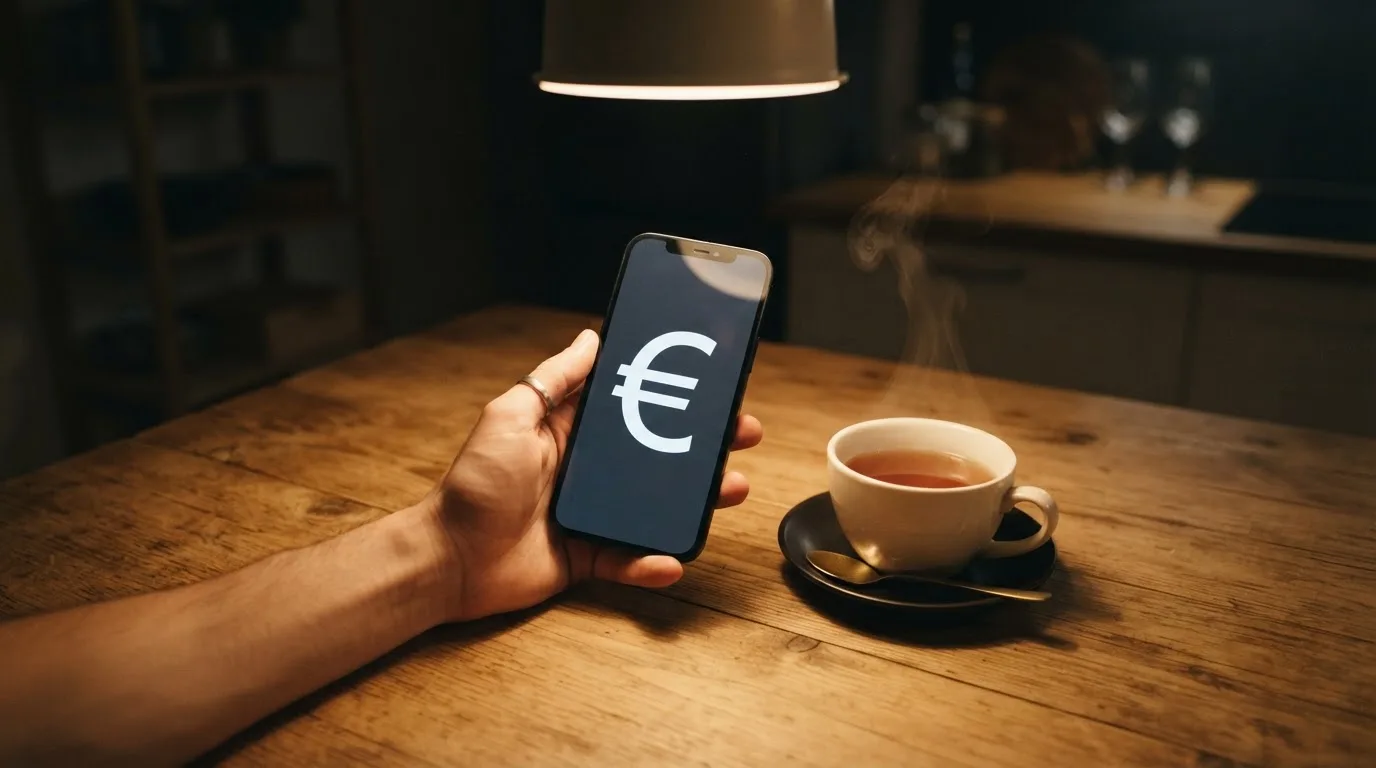 Mão a segurar um telemóvel ao lado de uma chávena de chá numa mesa de cozinha, numa noite tranquila — casino é confiável em portugal