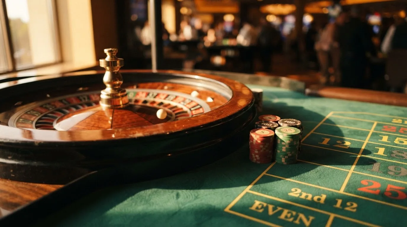 Roda de roleta e fichas sobre feltro verde, sob uma luz quente de fim de tarde — casino é confiável em portugal