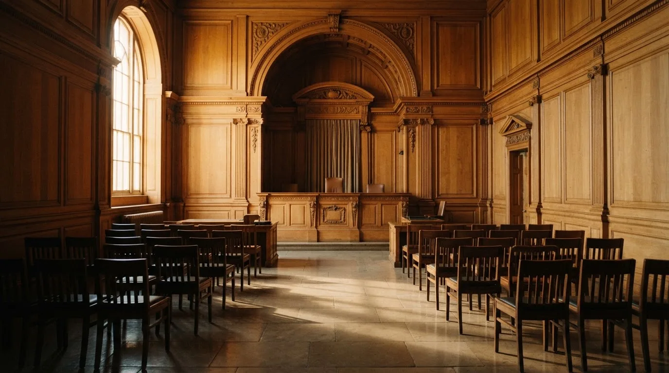 Sala de tribunal vazia com painéis de madeira, à luz da manhã — casino pagamentos em portugal