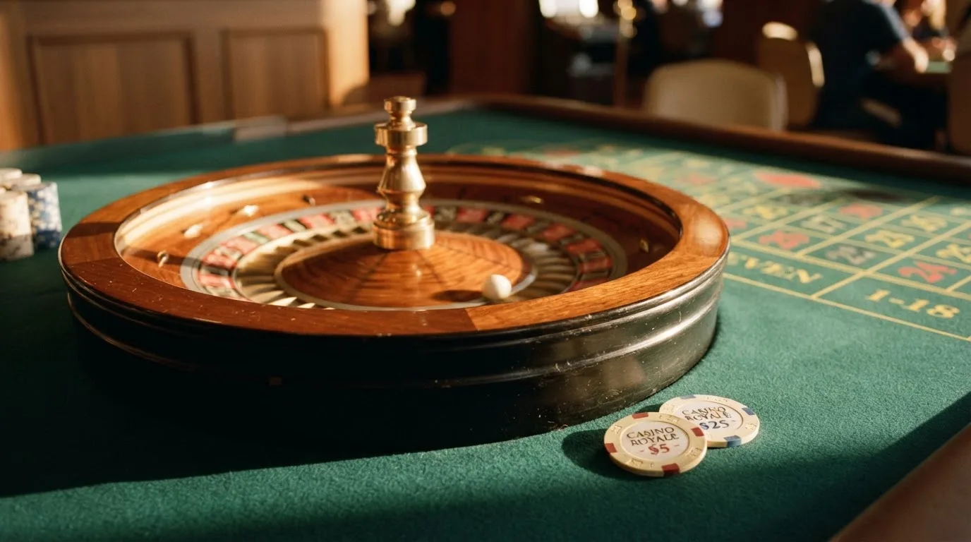 Roda de roleta e fichas sobre feltro verde, sob uma luz quente de fim de tarde — casino pagamentos em portugal