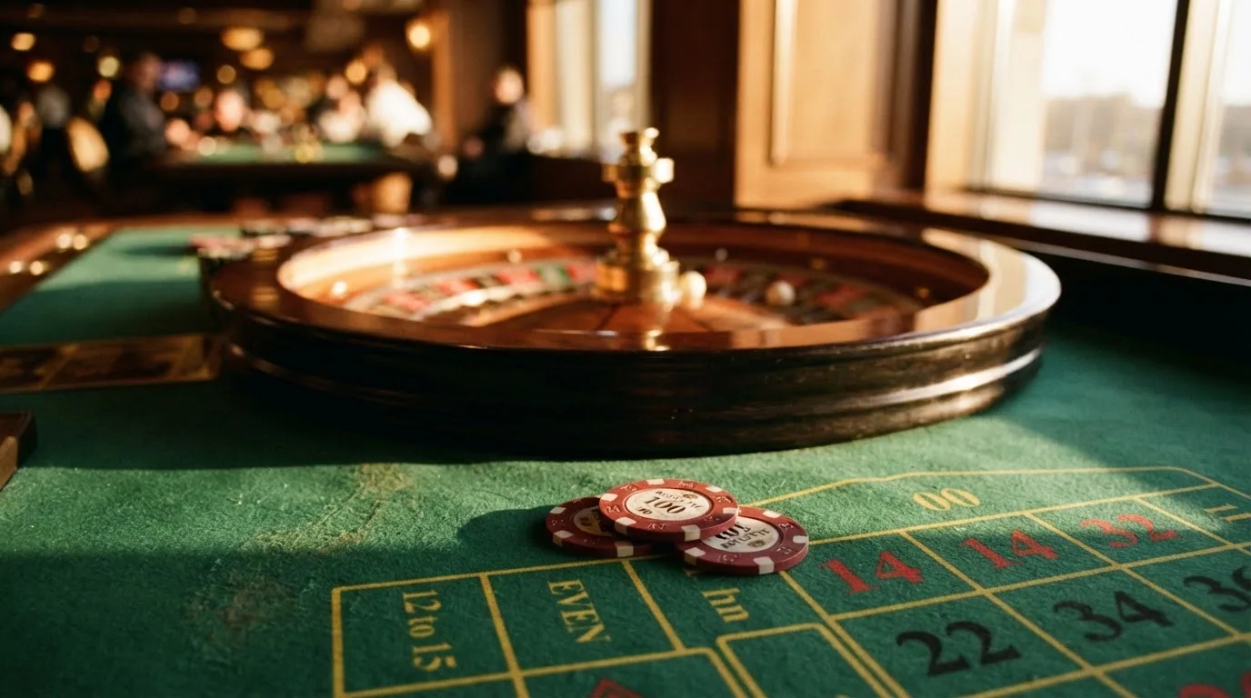 Roda de roleta e fichas sobre feltro verde, sob uma luz quente de fim de tarde — casino slots portugues