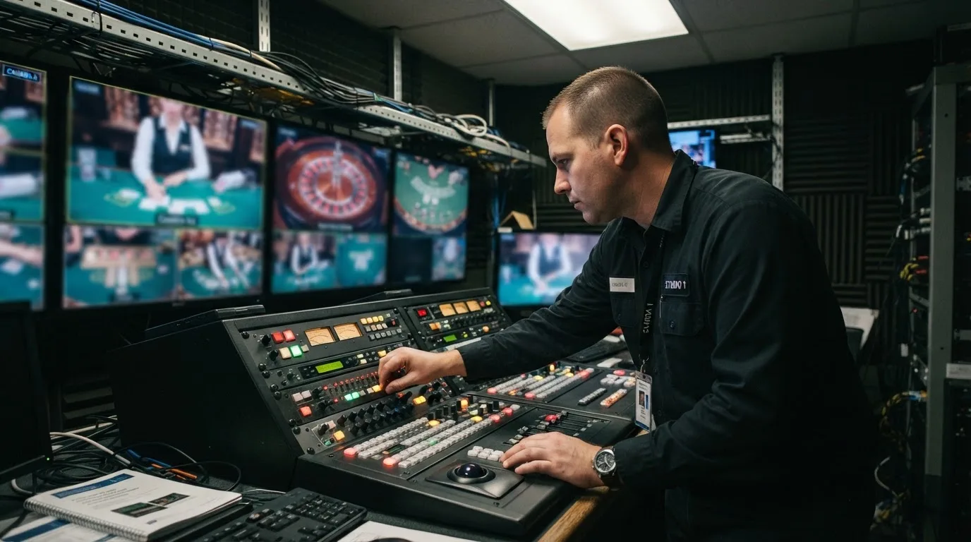 Técnico de uniforme escuro a verificar câmaras e equipamento numa sala de controlo de um estúdio de televisão, com vários monitores desfocados.