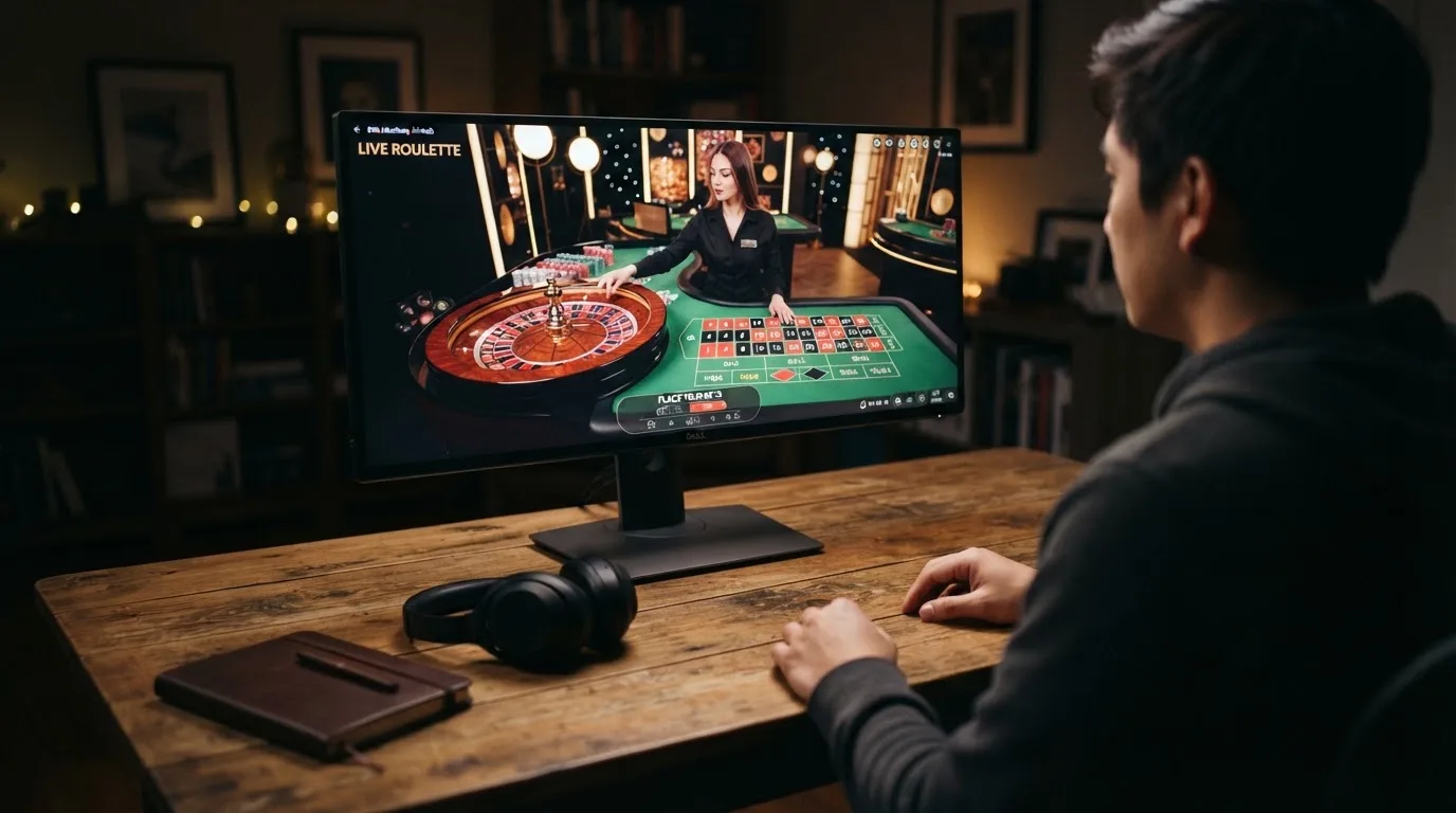 Pessoa sentada à secretária a ver um estúdio de casino em direto num monitor largo, com auscultadores e um caderno fechado ao lado.