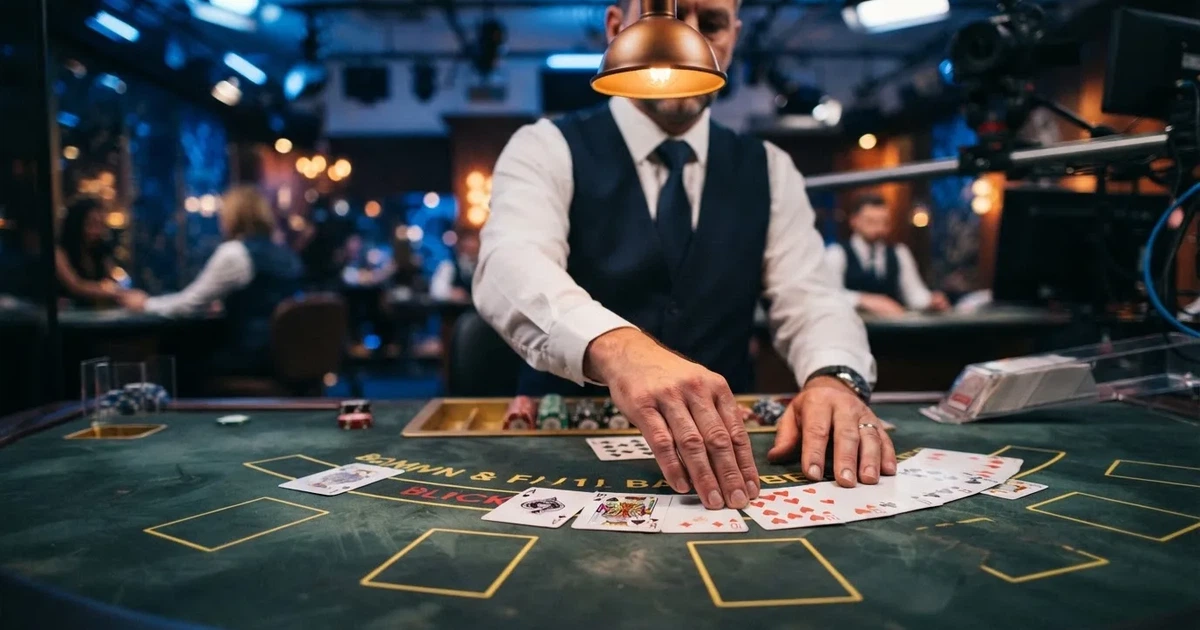 Croupier de colete a distribuir cartas numa mesa de blackjack de estúdio, com iluminação azulada e câmara de transmissão ao fundo.
