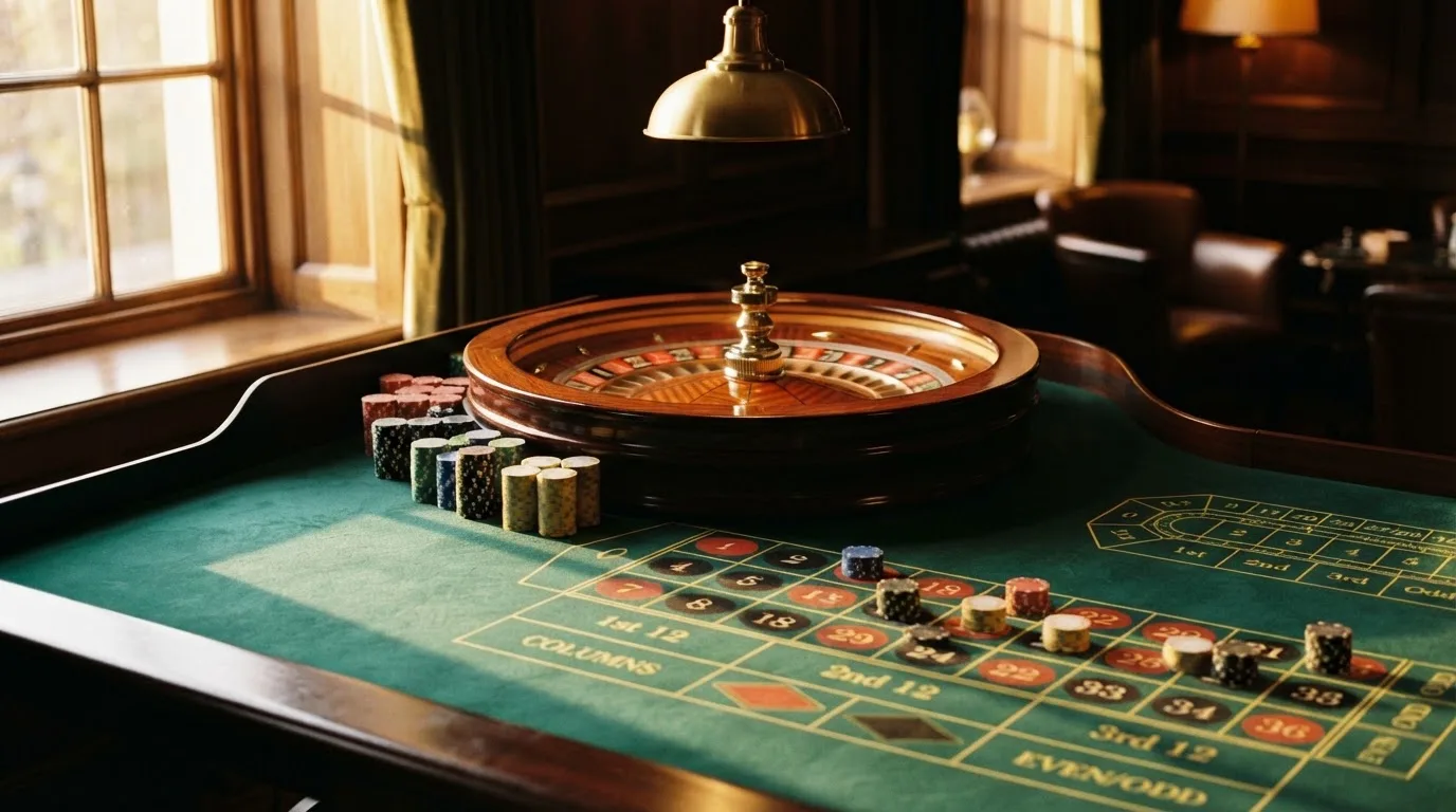 Roda de roleta e fichas sobre feltro verde, sob uma luz quente de fim de tarde — casinos com apple pay em portugal