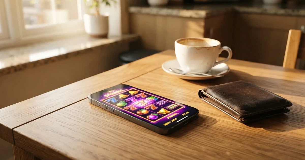 Telemóvel numa mesa de madeira ao lado de uma carteira e de uma chávena de café — casinos com apple pay em portugal